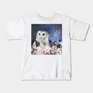 Winter Barn Owl in Flower Field Negative Painting Kids T-Shirt